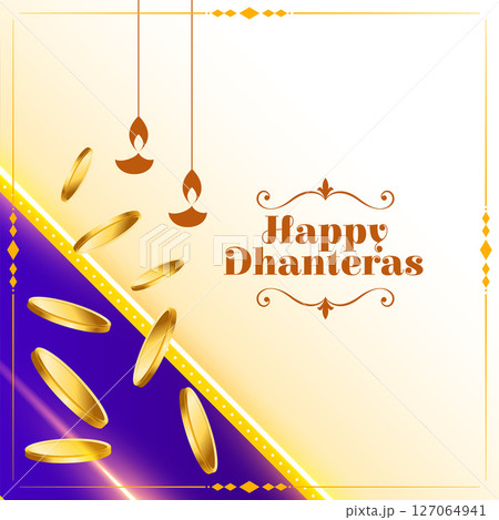 beautiful and elegant happy dhanteras greeting background with golden coin 127064941