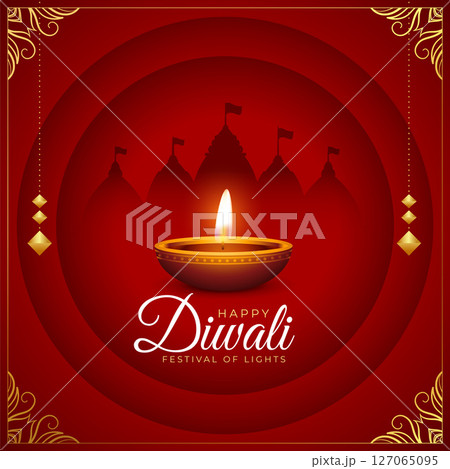 traditional happy diwali red background with burning diya and temple shadow traditional happy diwali red background with burning diya and temple shadow 127065095