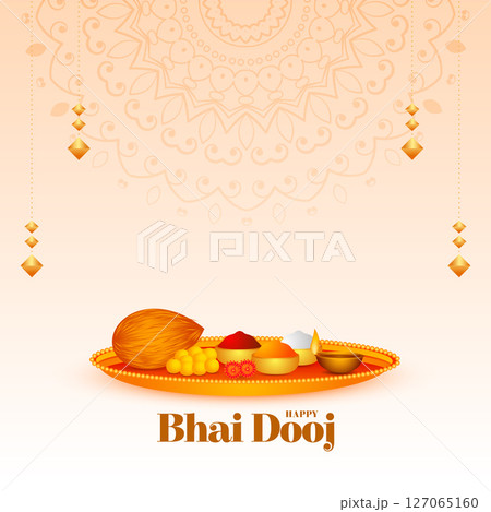 indian cultural  bhai dooj occasion  background with puja thali design 127065160