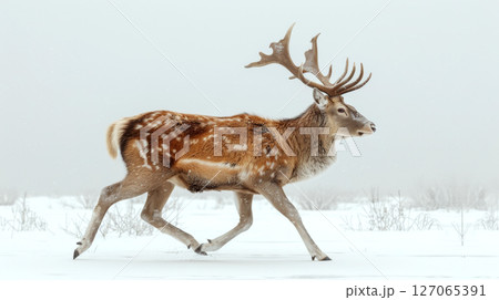 A majestic deer with large antlers walks gracefully on snow-covered ground. Concept of wildlife, nature, winter beauty. 127065391