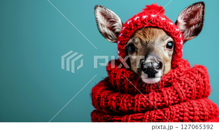 A young deer is bundled up in a red knit hat and scarf against a teal background. Concept of coziness and winter fashion. 127065392