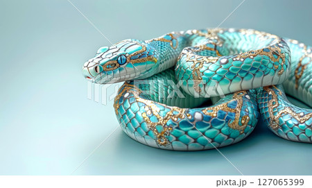 A coiled turquoise and gold-patterned snake...のイラスト素材 [127065399] - PIXTA