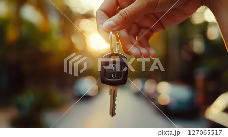 A hand holds a car key with a remote in a blurred outdoor setting with sunlight. Concept of transportation and ownership. 127065517