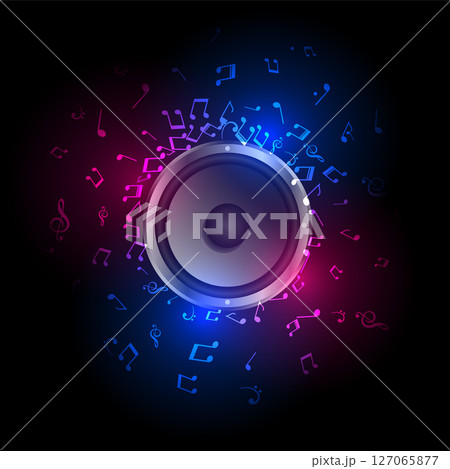 colorful musical notes with sound speaker for disco or dj theme 127065877