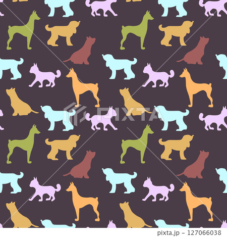 Vector seamless repeating childish pattern with cute dogs, cats in Scandinavian style. Animals background with dog, cat, pets, puppy for invitation, poster, card, flyer, textile, fabric 127066038