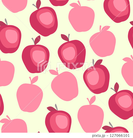 Seamless pattern with apple on color background. Natural delicious fresh ripe tasty fruit. Vector illustration for print, fabric, textile, banner, design. Stylized apples with leaves. Food concept 127066101