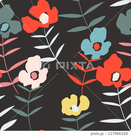 Seamless floral pattern with roses based on traditional folk art ornaments. Colorful flowers on color background. Doodle style. Vector illustration. Simple minimalistic pattern. 127066108