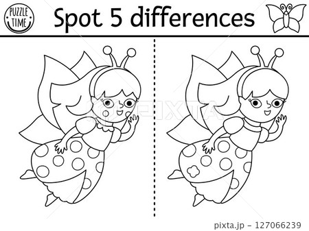 Black and white find differences game. Fairyland educational activity with cute fairy bug. Magic forest line puzzle for kids. Fairytale printable worksheet, coloring page with fantasy girl 127066239