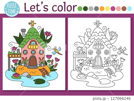 Fairyland coloring page with cute swamp fairy house. Vector magic forest outline illustration. Color book for kids with colored example. Fairytale fantasy drawing skills printable worksheet 127066246