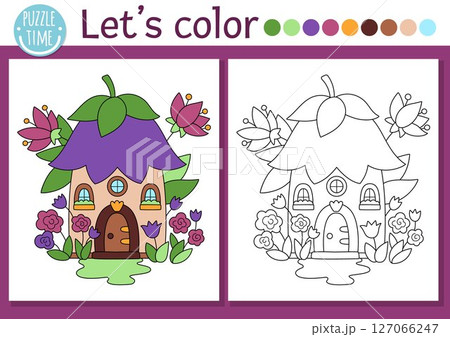 Fairyland coloring page for children with cute flower fairy house. Vector magic forest outline illustration. Color book for kids with colored example. Fairytale fantasy drawing skills printable 127066247