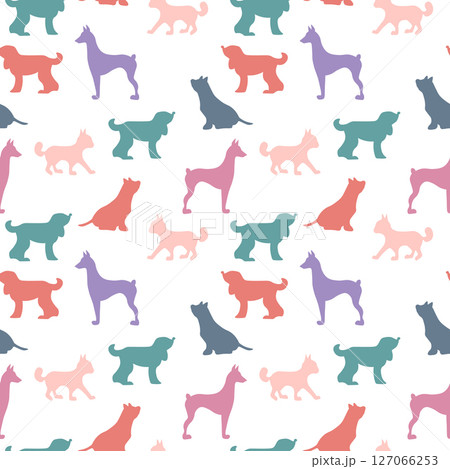 Vector seamless repeating childish pattern with cute dogs, cats in Scandinavian style. Animals background with dog, cat, pets, puppy for invitation, poster, card, flyer, textile, fabric 127066253