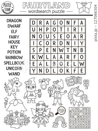 Vector black and white fairyland wordsearch puzzle for kid. Word search quiz with fairy, elf, dragon, unicorn, dwarf. Woodland educational cross word coloring activity page with magic creature 127066304