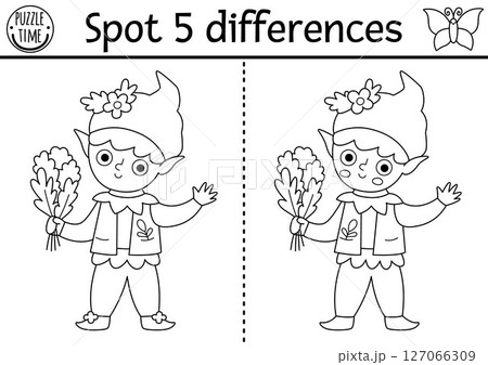Black and white find differences game for children. Fairyland educational activity with elf. Magic forest puzzle for kid. Fairytale line printable worksheet, coloring page with dwarf, leprechaun or 127066309