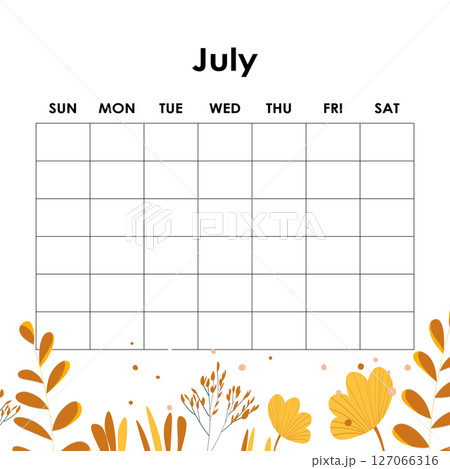 July. Calendar planner. Corporate week. Template layout, 12 months yearly, white background. Simple design for business brochure, flyer, print media, advertisement. Week starts from Monday 127066316
