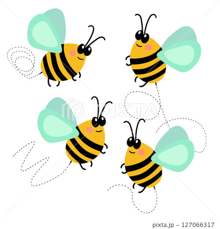 Cartoon bee mascot. A small bees flies. Wasp collection. Vector characters. Incest icon. Template design for invitation, cards. Doodle style 127066317