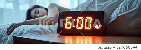 Morning alarm clock showing six o'clock with a woman waking up in bed healthy morning routine concept Morning alarm clock showing six o'clock with a woman waking up in bed healthy morning routine concept 127066344