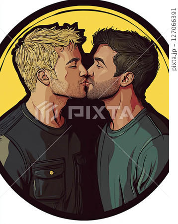 Romantic illustration of two men kissing in circular design, LGBTQ pride concept 127066391