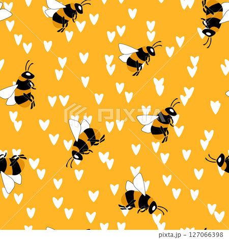 Seamless pattern with bees on color background. Small wasp. Vector illustration. Adorable cartoon character. Template design for invitation, cards, textile, fabric. Doodle style 127066398