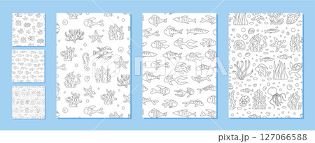 Seamless underwater marine pattern set in outline style. Includes fish, coral, and sea elements, arranged in a cartoon background. This aquatic texture highlights marine life and is perfect for 127066588