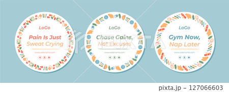 Colorful sport equipment frame in doodle style set. Gym and fitness training accessories form a vibrant pattern with workout tools. Minimal banner design set for active lifestyle themes. 127066603