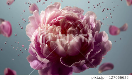 Beautiful pink peony flower with petals floating in air, showcasing delicate floral beauty and elegance 127066623