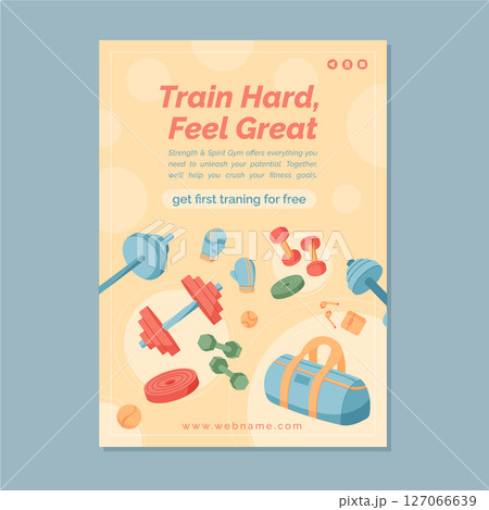 Colorful banner design with gym equipment. Dumbbell, weight, barbell, and workout tools highlight training and fitness lifestyle. Perfect for sport promotions background templates. 127066639