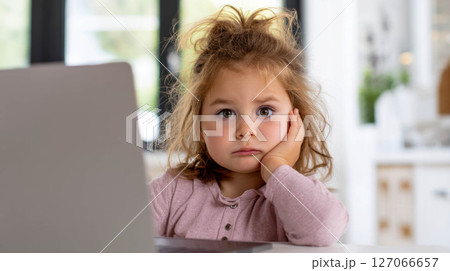 Young girl with brown hair sitting at a desk, looking bored while using a laptop in a bright room 127066657
