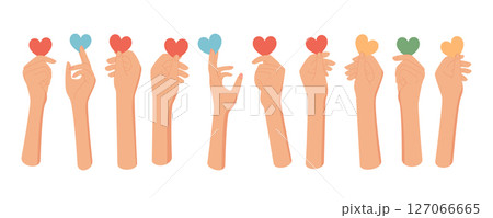 Flat style set of hands with colorful hearts. Raised bare palms symbolize love, charity, and friendship. Aid and give concept with care support, ideal for community social themes. 127066665