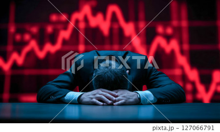 Businessman in suit with head down on desk, stressed by financial downturn and market decline Businessman in suit with head down on desk, stressed by financial downturn and market decline 127066791