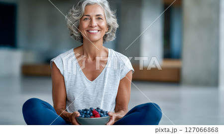 Smiling woman with gray hair sitting cross-legged holding a bowl of fresh berries in a bright space 127066868