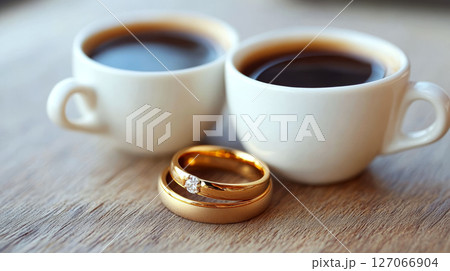 Two white cups filled with coffee are placed on a wooden surface near two gold rings. Concept of romance, marriage, and companionship. Two white cups filled with coffee are placed on a wooden surface near two gold rings. Concept of romance, marriage, and companionship. 127066904