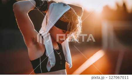 Athletic young woman adjusting headband while preparing for workout on outdoor track at sunset 127067011