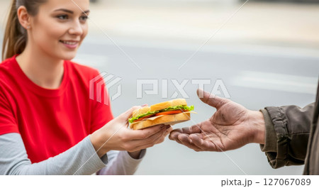 Young woman in red shirt handing sandwich to homeless man on city street, showcasing kindness 127067089