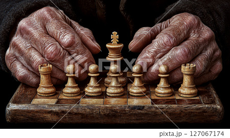 Elderly hands hover over a small wooden chessboard with pieces arranged. Concept of strategy, age, wisdom. 127067174