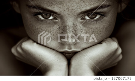 Girl with freckles stares intently, resting her face on her hands. Concept of contemplation, intensity, youth. 127067175