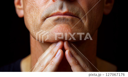 A man rests his fingers beneath his chin against a dark background. Concept of contemplation, thoughtfulness, or decision. 127067176