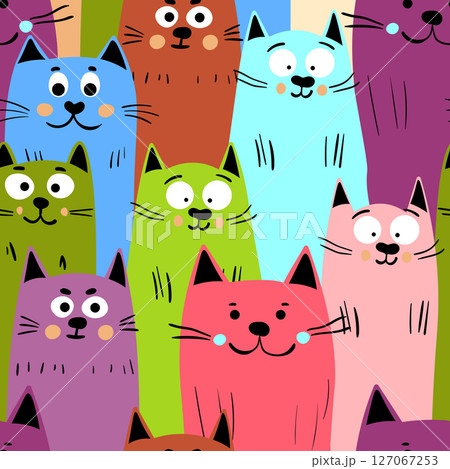 Seamless pattern with cute kitten print. Different scandy cats on color background. Scandinavian style illustration for kids. Vector illustration for fabric, textile, wallpaper, home clothing, pajama 127067253
