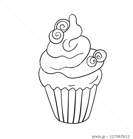 Muffin cake, sweet cupcake with cream, delicious pastries. Modern vector illustration, logo for cafe, restaurant, pastry shop. Dessert icon. Symbol for a candy bar 127067612