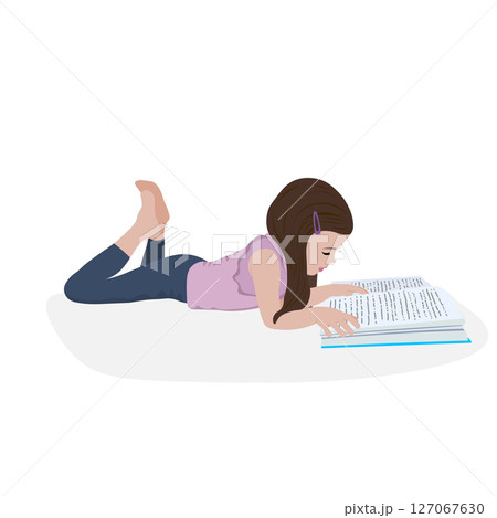 Little girl reads a book and is lying. Distance learning. Home education. School girl girl doing homework. Child with a book in her hands. Bookcrossing Little girl reads a book and is lying. Distance learning. Home education. School girl girl doing homework. Child with a book in her hands. Bookcrossing 127067630