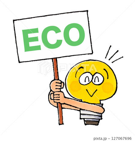 ECOの看板を持つ電球のキャラクター 127067696