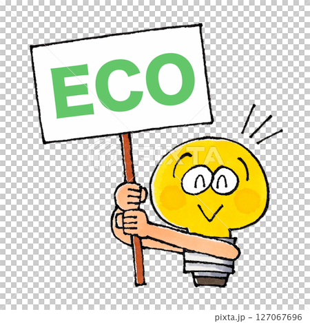 ECOの看板を持つ電球のキャラクター 127067696