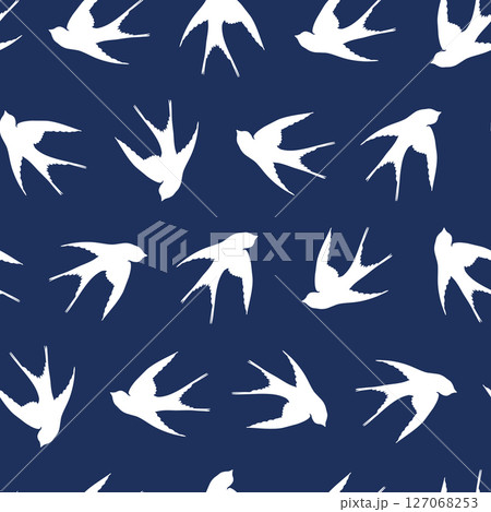 Seamless pattern with swallow silhouette on color background. Cute bird in flight. Vector illustration. Doodle style. Design for invitation, poster, card, fabric, textile 127068253