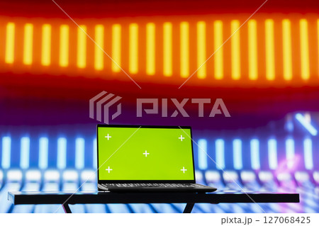 Empty neon scene blending cyber vibes with retro futuristic glow near copy space, making it ideal for creative mockup concepts or urban street style digital backgrounds. Minimalism. Empty neon scene blending cyber vibes with retro futuristic glow near copy space, making it ideal for creative mockup concepts or urban street style digital backgrounds. Minimalism. 127068425