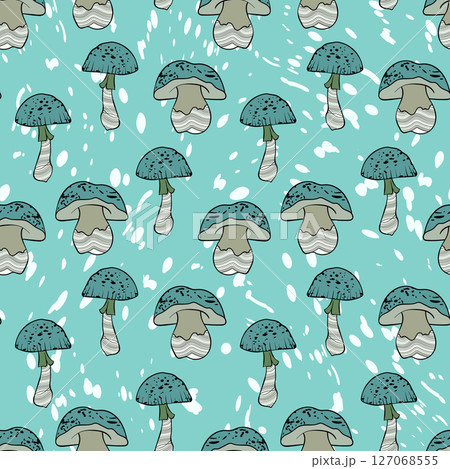 Seamless pattern with mushrooms. Hand drawn vector illustration. Vegan food menu. Poisonous and edible mushroom. Autumn mushroom picking, forest plant sketches 127068555