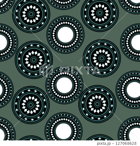 Seamless pattern with geometric aboriginal ornament. Ethnic tribal rounded color background. Afican, australian motiph. Dots painting. Vector illustration, template design for cloth, card, fabric 127068628