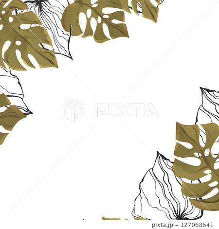 Floral frame with colorful exotic branches on white background. Ornate border with tropic leaves. Vector stock illustration for wallpaper, posters, card. Doodle style. Copy space Floral frame with colorful exotic branches on white background. Ornate border with tropic leaves. Vector stock illustration for wallpaper, posters, card. Doodle style. Copy space 127068641