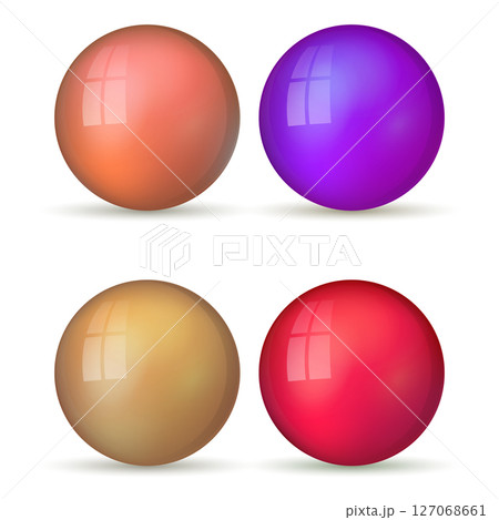 Set with glass colorful balls. Glossy realistic ball, 3D abstract vector illustration highlighted on a white background. Big metal bubble with shadow 127068661