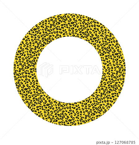 Black and orange frame with modern ornament of stylized leopard skin. Round pattern in form of mandala. Decorative border with animal ornament. Trendy leather skin. Copy space. Vector illustration. 127068785