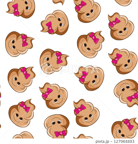Seamless pattern with kawaii poop on white background. Cartoon poo, feces icons. Shit patterns, evil turd. Vector illustration for invitation, poster, card, fabric, textile. Doodle style 127068883
