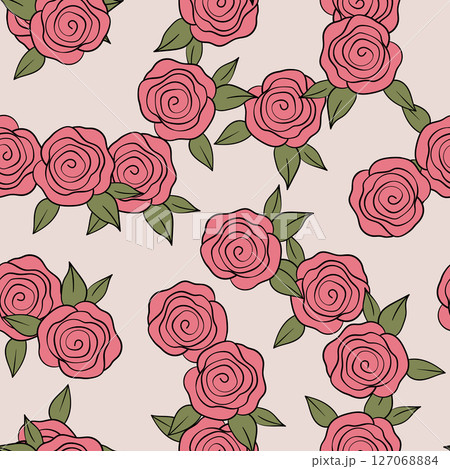 Spring colorful vector illustration with roses. Cartoon style. Design for fabric, textile, paper. Holiday print for Easter, Birthday, 8 march. Flowers with leaves Spring colorful vector illustration with roses. Cartoon style. Design for fabric, textile, paper. Holiday print for Easter, Birthday, 8 march. Flowers with leaves 127068884